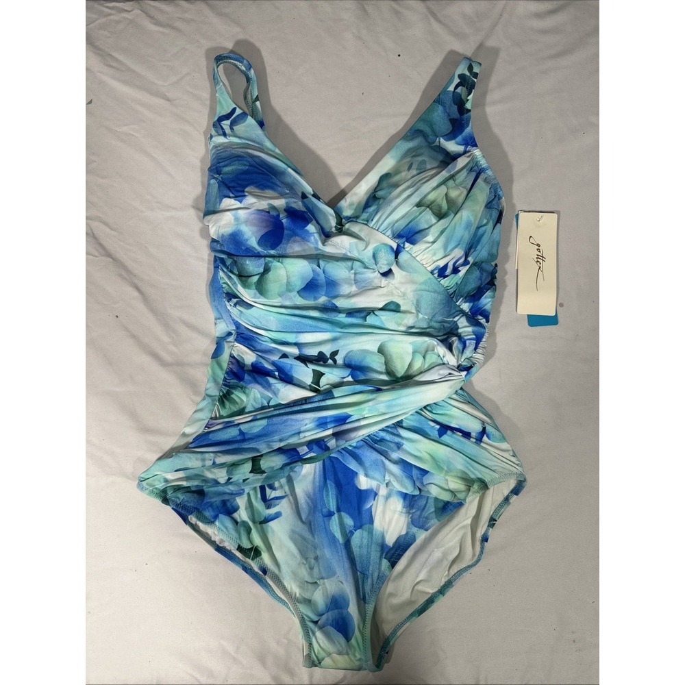 NEW Gottex [ 20 US ]  V-Neck Surplice One Piece Swimsuit‎ in Blue Green #T1967
